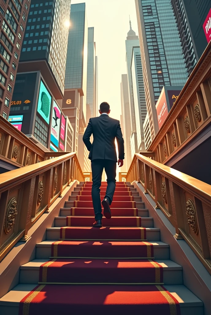 A man climbing in up direction of the success stairs of wealth abundance and prosperity in the beautiful city 