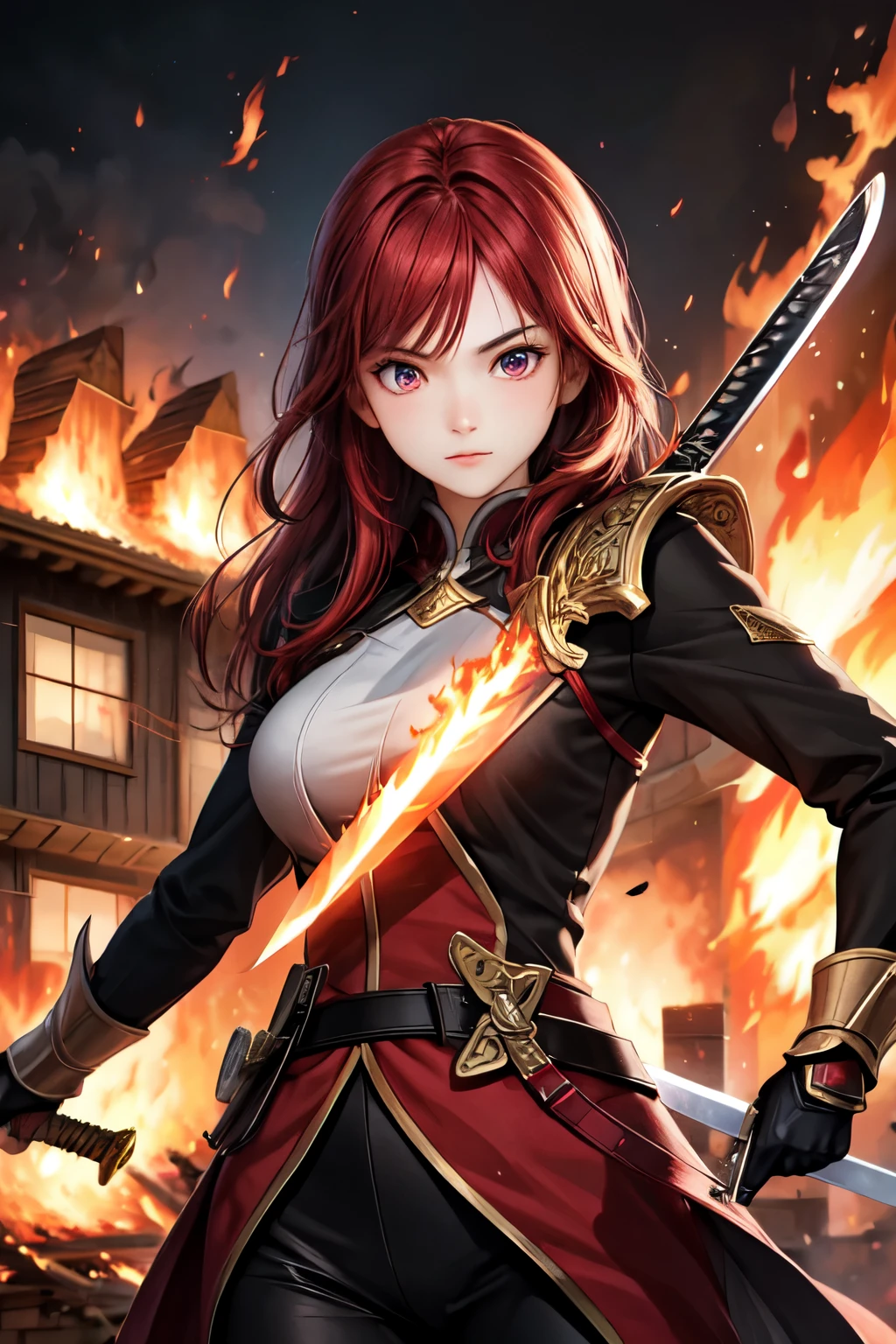 1girl, red hair, flaming eye, sword, holding sword, flames, burning houses, glowing, sidelighting, wallpaper