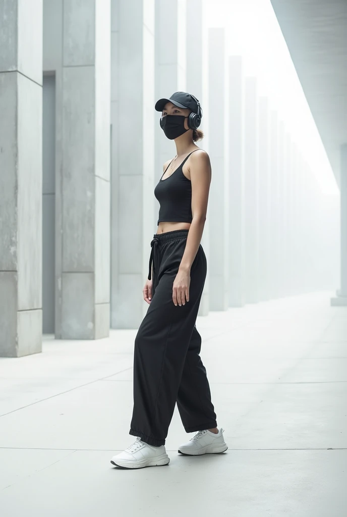 fashion portrait,, 18-years old,A woman is wearing a street-style outfit entirely in black. She has a fitted black tank top made from stretchy cotton or polyester, accentuating her figure. The pants are wide-legged, over sided, long, and likely made from lightweight, durable materials such as nylon or polyester, creating a relaxed silhouette. She accessorizes with a black cap, black headphones, and a black face mask, giving a modern urban aesthetic. The overall style is minimalistic yet sophisticated, emphasizing comfort and ease while maintaining a sleek, contemporary look. She is situated within the interior of a futuristic colony, in the deep night, with mist drifting and steam rising from concrete