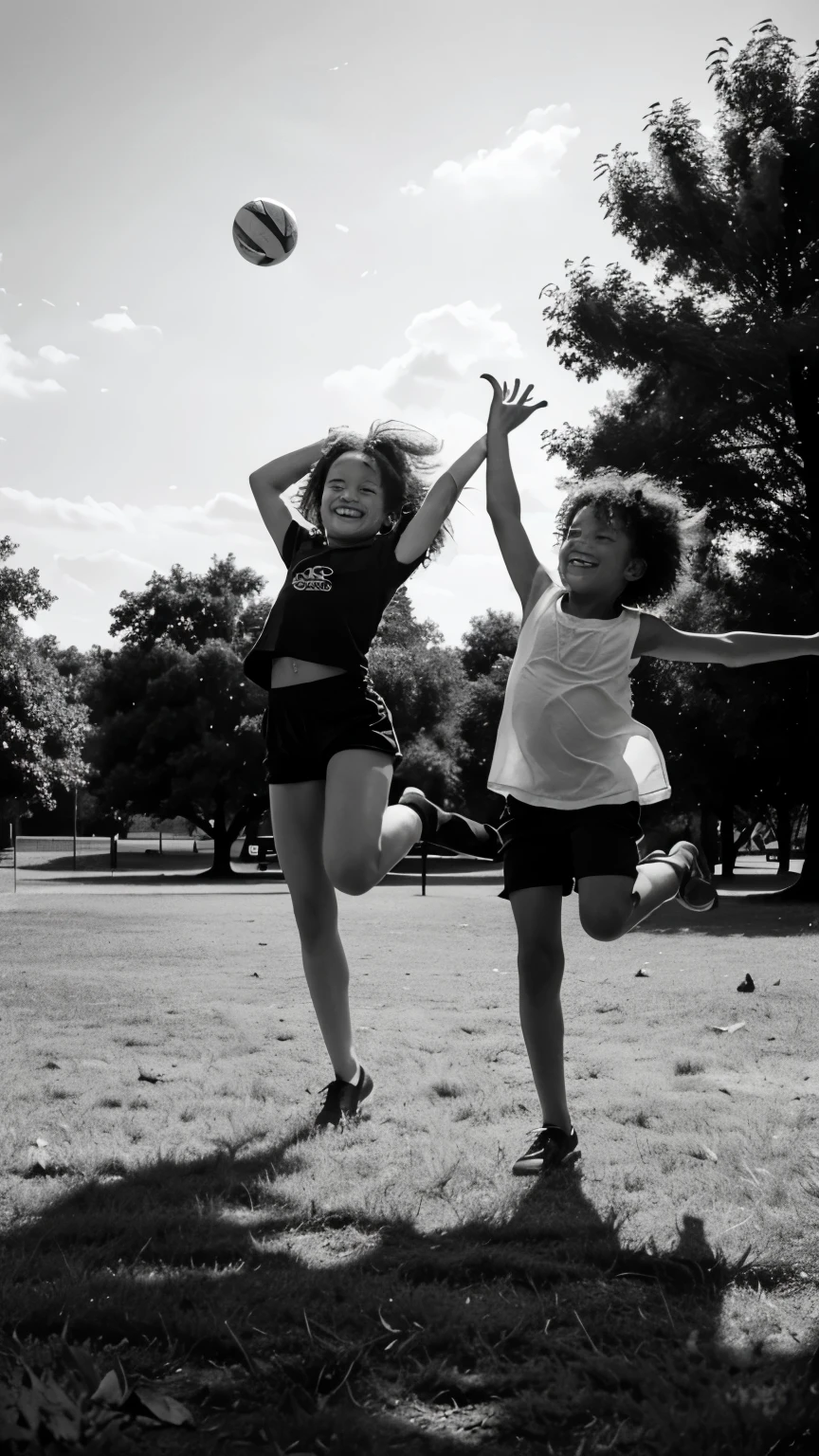 Imagine a black and white image of two children playing with a ball in a park. One of the children, with curly hair, is jumping to catch the ball in the air, while the other, with a wide smile, runs towards him. The background features trees and a clear sky, creating a dramatic contrast between lighting and shadows. The texture of the grass is rich and the footprints left by their feet can be seen, adding dynamism to the scene. This image would capture the essence of the joy and innocence of childhood.
