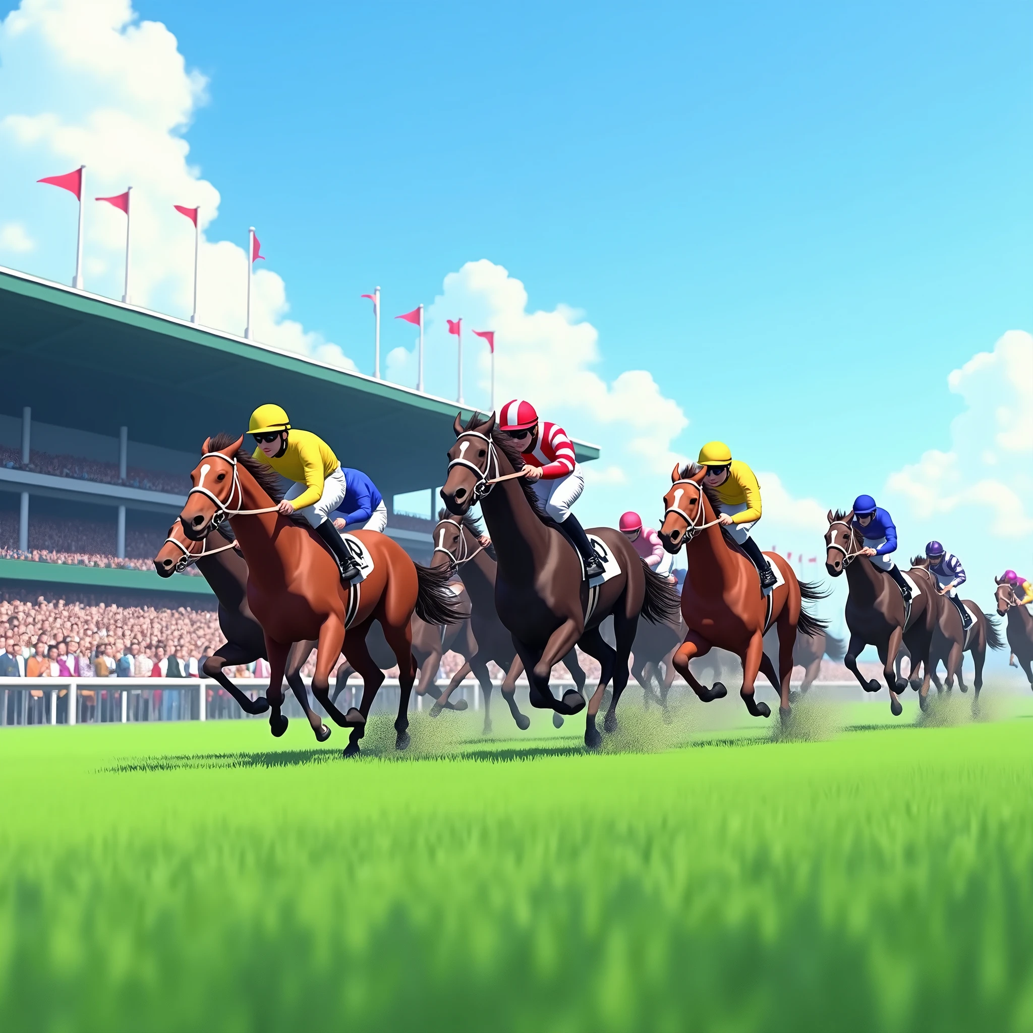 Tokyo Racecourse,Sunny,blue sky,12 horses in the race,The goal scene,Turf,A lot of people are watching,A lot of people,Running through the finish line,1 2 3 moves,Screen from the side,(Close-up),Detailed Images,,(Highest quality,High resolution,Masterpiece,8K,16K),Looking at the spectators from the arena,There is one spectator building.,Detailed digital art,