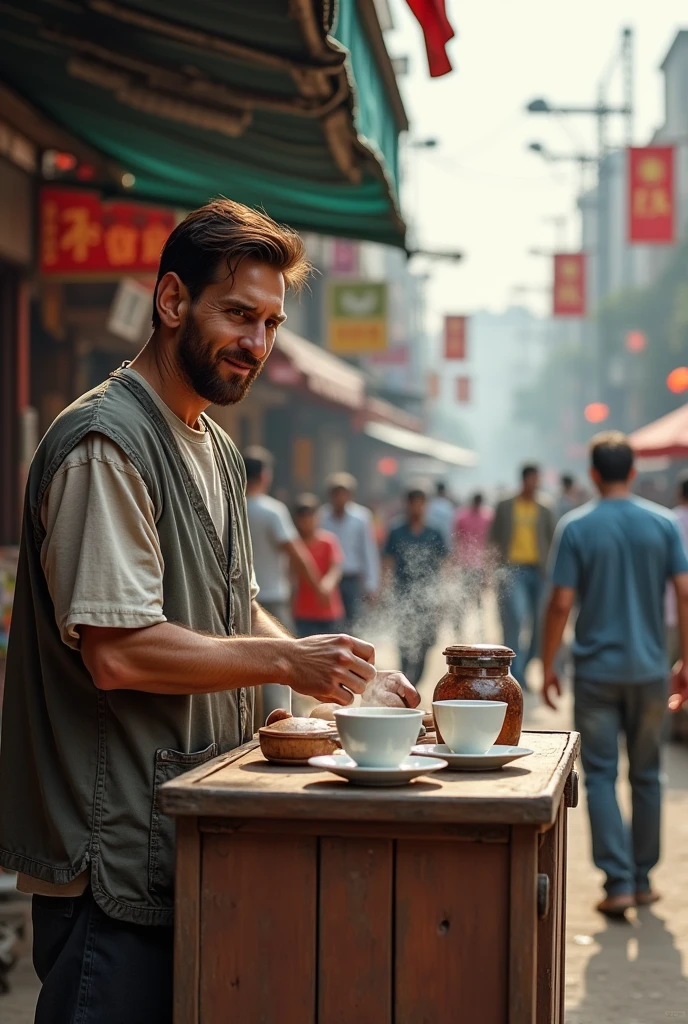 Messi as a tea seller beside the road