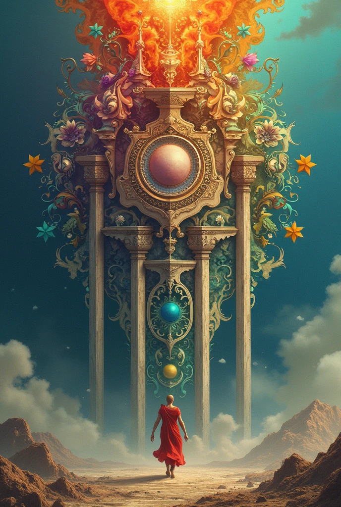 two-sided representation, The one above means the virtues and qualities, represented by a colorful structure and what is below means reality, something basic, faded and characterless with sad colors
