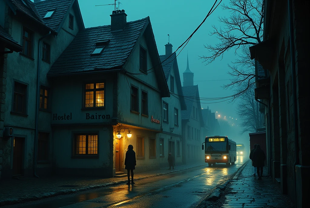 symmetrical image, rule of thirds, old europe street, midnight, harry potter 1 style color, small cracked hostel building, two floors, mossy, cracked roof, crime street, midnight, poor people, cat, text says "HOSTEL BAIRON", hostel sandwitched beetween two high buildings, old london style, light rain, moon, megapolis blurred lights on background, tourist bus driving away, girl standing close on right silloutte