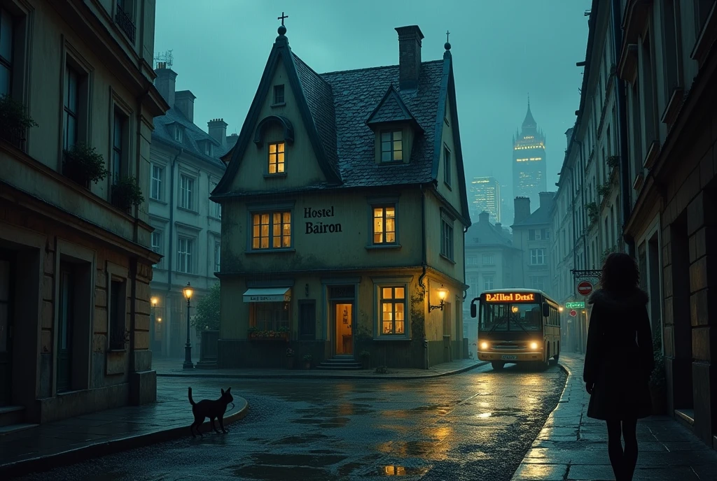 symmetrical image, rule of thirds, old europe street, midnight, harry potter 1 style color, small cracked hostel building, two floors, mossy, cracked roof, crime street, midnight, poor people, cat, text says "HOSTEL BAIRON", hostel sandwitched beetween two high buildings, old london style, light rain, moon, megapolis blurred lights on background, tourist bus driving away, girl standing close on right silloutte