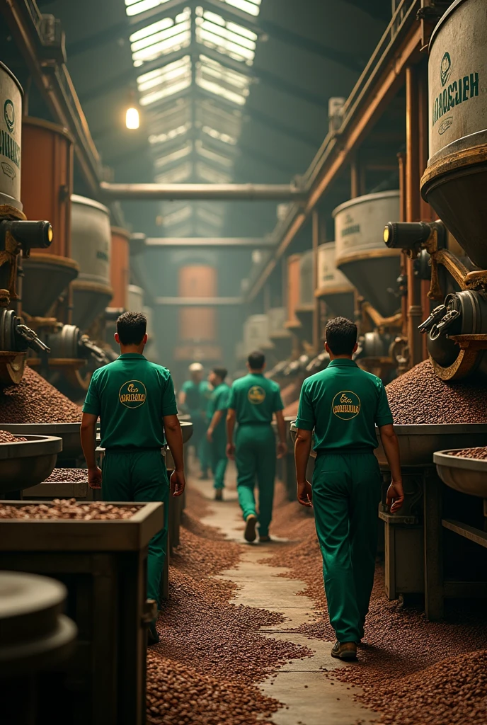 Coffee roasting process inside the industry with workers in green uniforms and a logo of the brand “Café Araucaria”