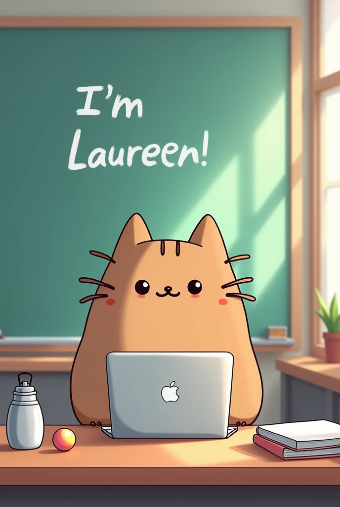 Create an image of a young female teacher depicted as the character Pusheen, sitting in a B2 German language class. She is seated at a desk with a silver MacBook, a few books, and silver flasche watter , and a medium-sized colorful ball on the desk. Behind her is a large electronic smartboard displaying the text in deutsch  I,m Laureen.