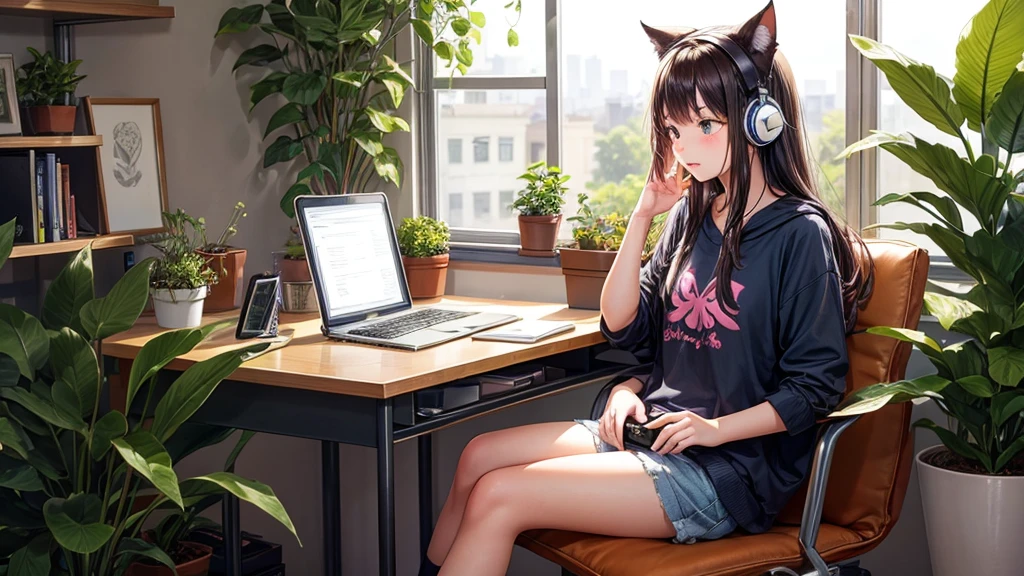 A  girl sits with a cat.,Happily listening to music at my desk.,In a quiet room filled with plants and cute decorations.