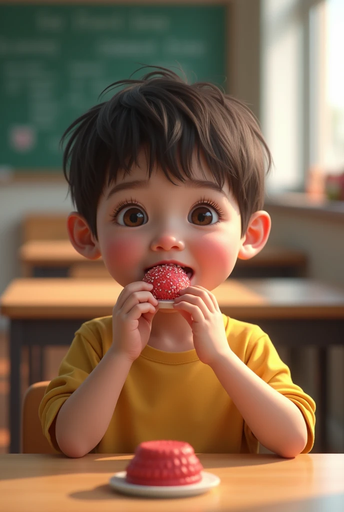 (photorealism:1.2),Child eating bombones, background in a school
