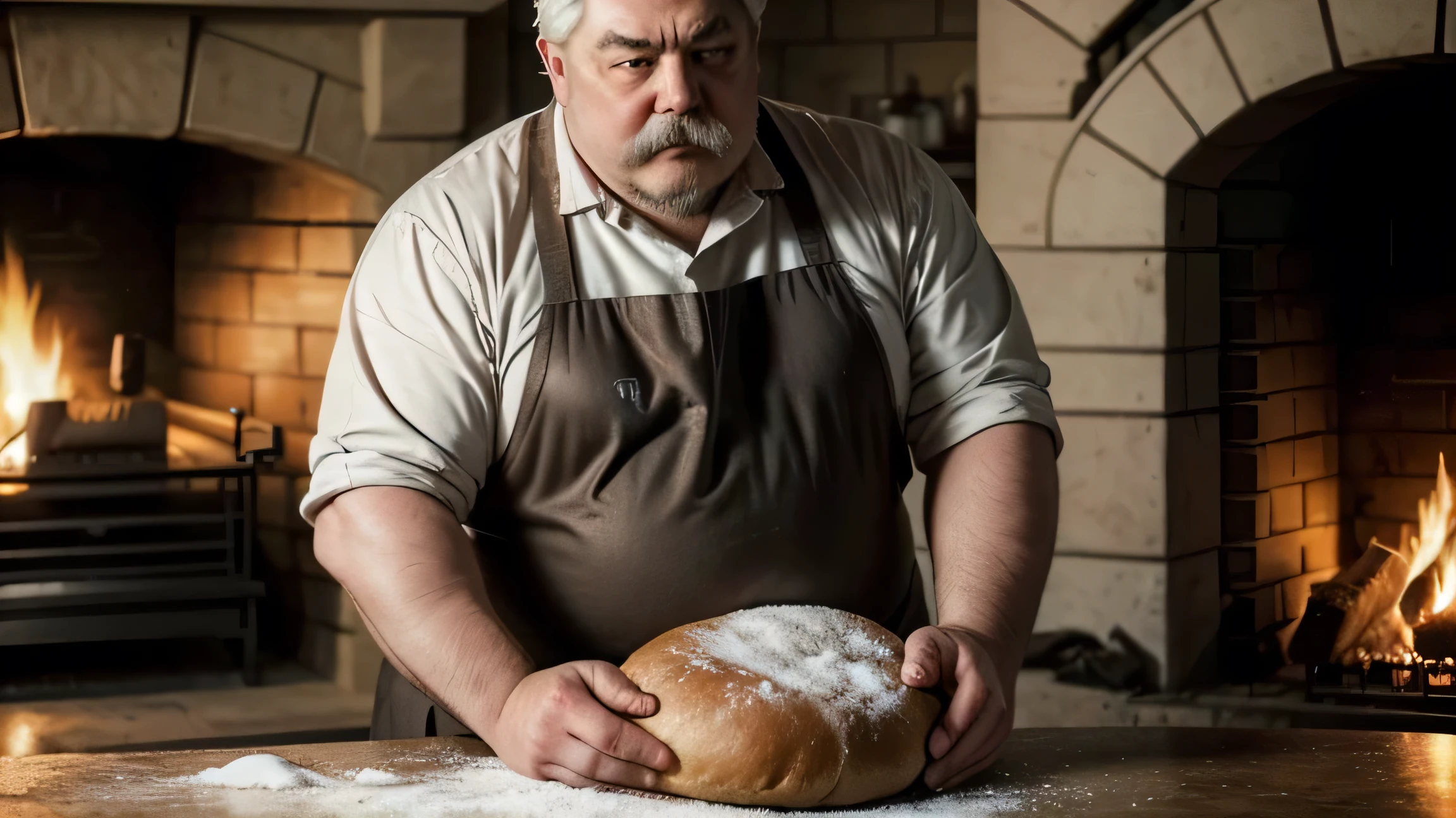 A baker kneading bread. The baker is fat, He has a mustache and white hair. The place is illuminated by the fire of the oven. hyperrealistic. cinematic. masterpiece. with details