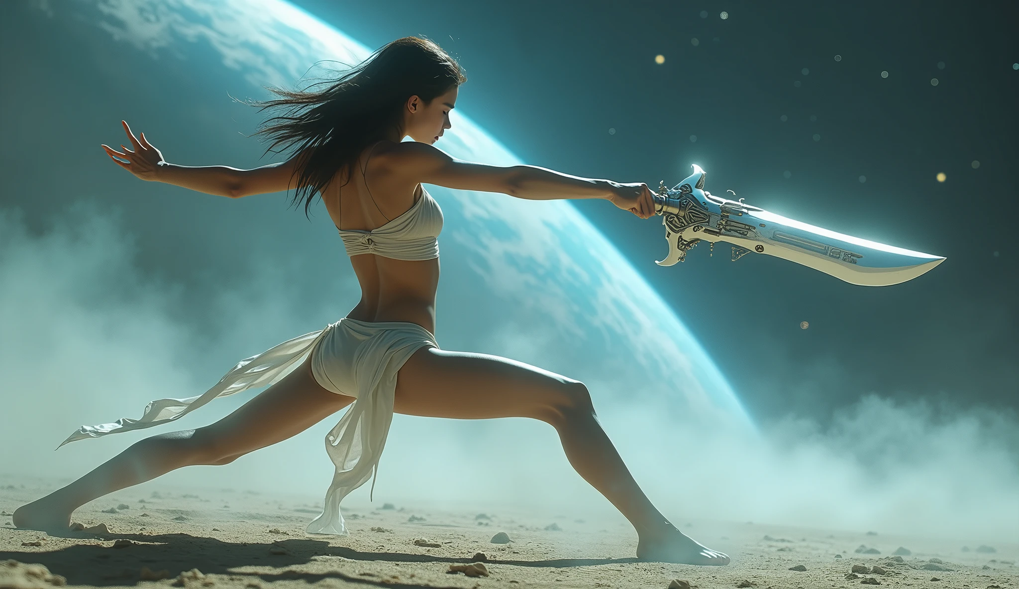 A white waif gaussian silk loincloth bottom and top holding a long thin long sci fi space moon knife boomerang, in dynamic splits pose aiming at its prey, planet zero, 8k,