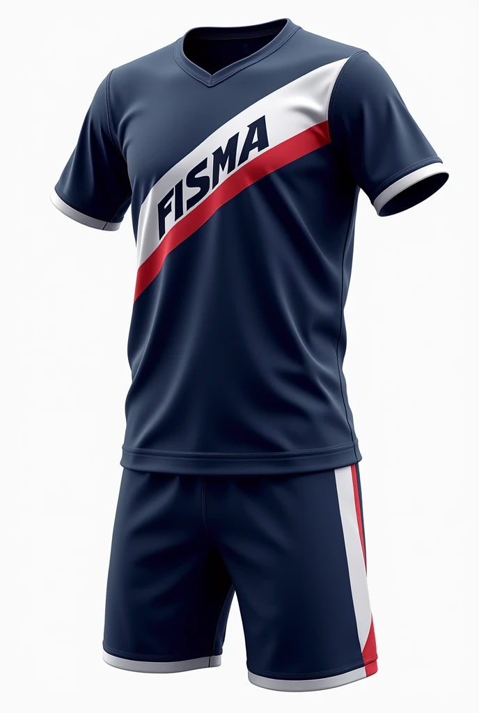 Navy blue basketball shirt and shorts with white and red that says Fisma diagonally on the chest, Classic round neck model