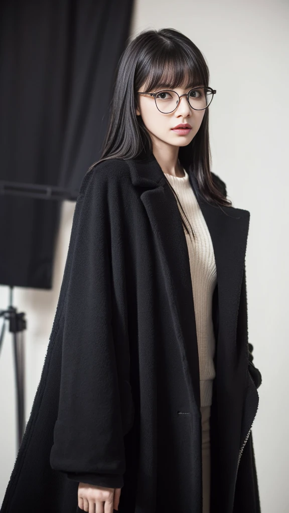 (Highest quality:1.5), (Real:1.4), (Ultra high definition:1.4), (No correction:1.4), (skinny Japanese woman with average size breasts standing front plain background in studio), (A woman wearing black-rimmed glasses), (Very small eyes), (breasts of average size), (Average height), (Bangs cover the forehead), (Long black hair), (Dark personality expression), (Black long coat), (black hair woman is standing with black long coat front plain background in studio), (woman viewed from the front), (Plain background), (Cowboy Shot), (Cold expression), (upright), (A woman with long black hair and glasses), (Bangs that cover the forehead), (Sharp and tiny eyes)