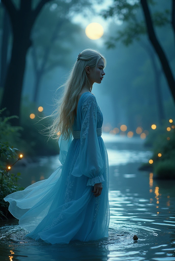 a girl in a blue dress, walking through a stream that glows softly at night, with ethereal lights floating around and moonlit trees. long blonde hair, pale skin, KOREAN, very closeup, wearing medium blue dress with white prints, ((photorealistic))