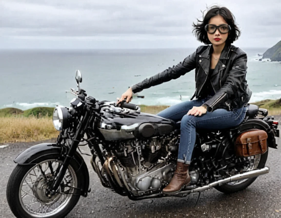 (クラシックRiding on motorcycle )、(Vintage Bikes、Bluff Superior SS100)、Photograph the entire bike、 (Riding on motorcycle:1.2), Beautiful young woman、1、Beautiful Face, Beautiful and delicate eyes, Black Hair, Short Bob Hair,  Classic Leather Jacket、With goggles、After the Rain、English countryside、 Coastal road with ocean view、Detailed Description、(Highest quality, masterpiece, High resolution)、8k、wallpaper
