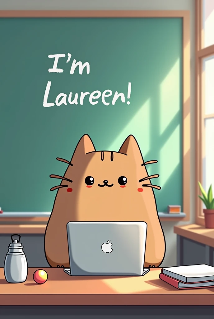 Create an image of a young female teacher depicted as the character Pusheen, sitting in a B2 German language class. She is seated at a desk with a silver MacBook, a few books, and silver flasche watter , and a medium-sized colorful ball on the desk. Behind her is a large electronic smartboard displaying the text in deutsch  I,m Laureen.