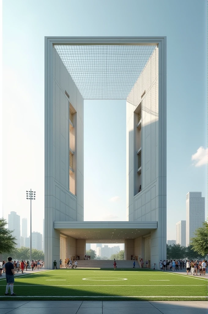 Create a building conceptualized as a soccer goal