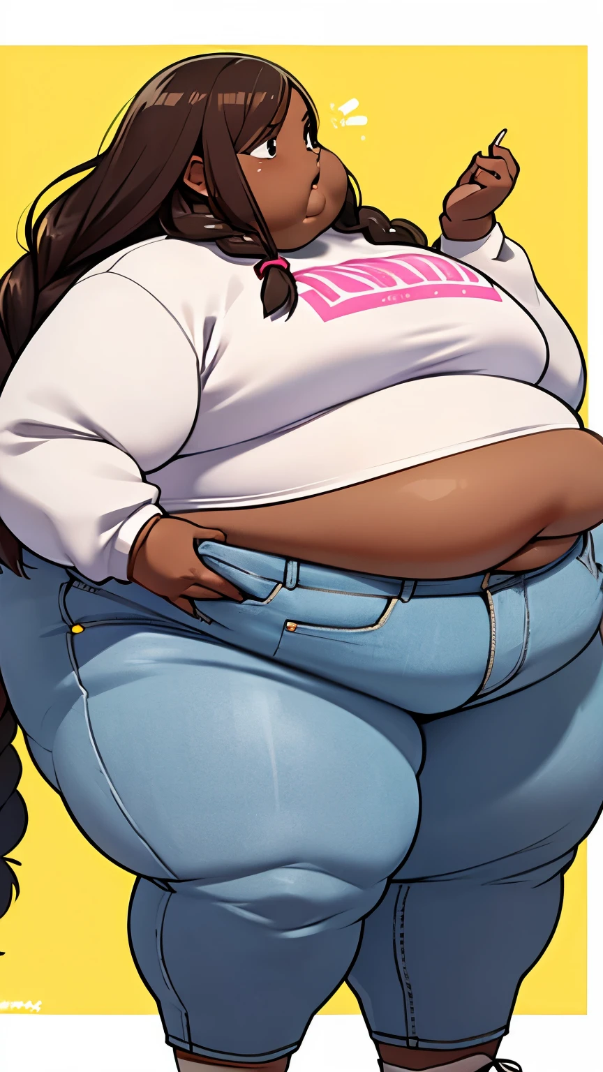 Extremely obese African woman, fat blob, fat arms, fat face, fat legs, fat rolls, brown skin, grey shoulder legth hair,, wearing a blue T-shirt and loose sweatpants, sitting on the floor, fag blob