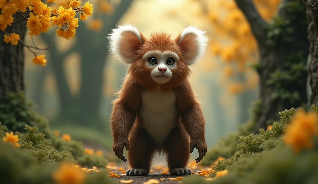 Panoramic front view,There is a wild beast in the osmanthus forest,Looks like a brown monkey but has white ears,Standing upright like a human(best quality,4K,8k,High level,masterpiece:1.2),Ultra Detailed,(lifelike,Photo real,Photo real:1.37)