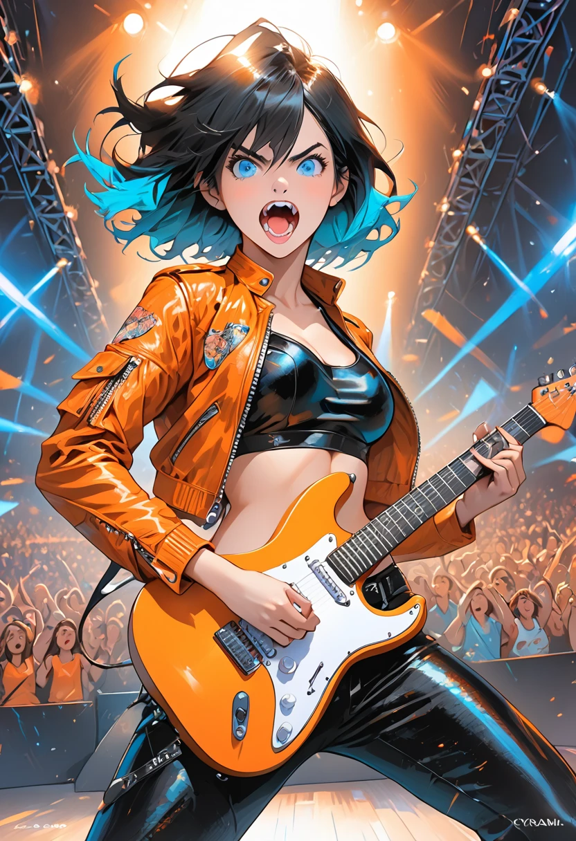 illustration, detailed illustration, ultra detailed, dynamic angle, 30 year old woman, short black hair, hair with cyan streaks, mismatched eyes, orange eye, blue eye, lean, medium breasts, black bikini top, black leather pants, orange leather jacket, playing cyan electric guitar, dark arena, stage, audience, dynamic pose, snarl, mean face
