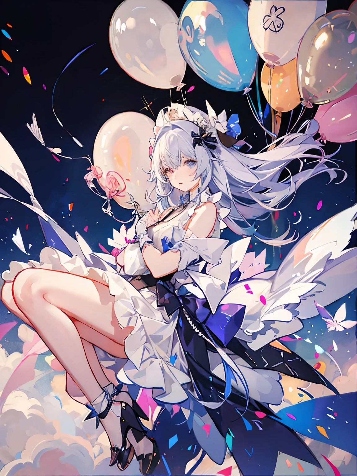 Angel in White、birth、birth祭、birthday、Many balloons fly、Iridescent background