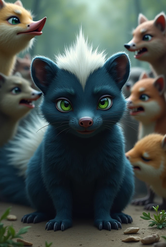 A picture of a dark blue skunk with green eyes, sad, and in the background some animals making fun of him and some covering their noses