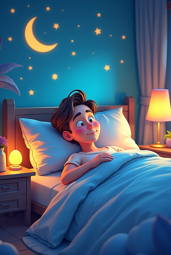 A cartoon men sleeping in bed room and he dreaming