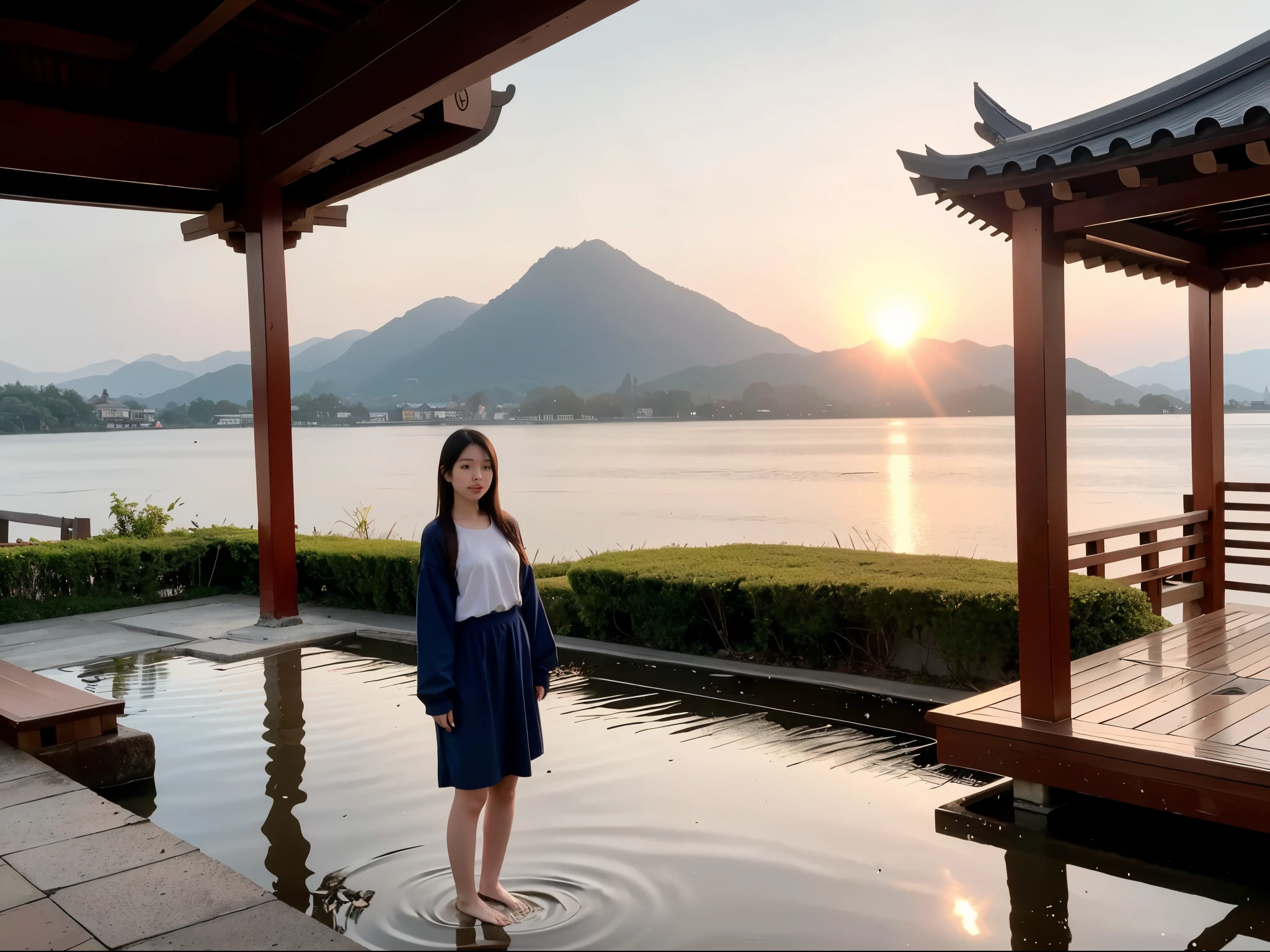 SFW, 1girl, solo focus, pov, very wide shot, landscape, east asian architecture, sunlight, sunrise, floating, cloud, sky, rain, water, full body, outdoors, scenery, depth of field