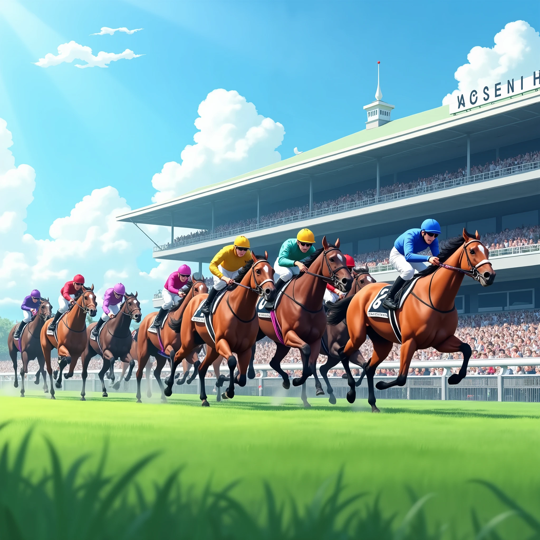 Tokyo Racecourse,Sunny,blue sky,12 horses in the race,The goal scene,Turf,A lot of people are watching,A lot of people,Running through the finish line,1 2 3 moves,Screen from the side,(Close-up),Detailed Images,,(Highest quality,High resolution,Masterpiece,8K,16K),Looking at the spectators from the arena,There is one spectator building.,Detailed digital art,