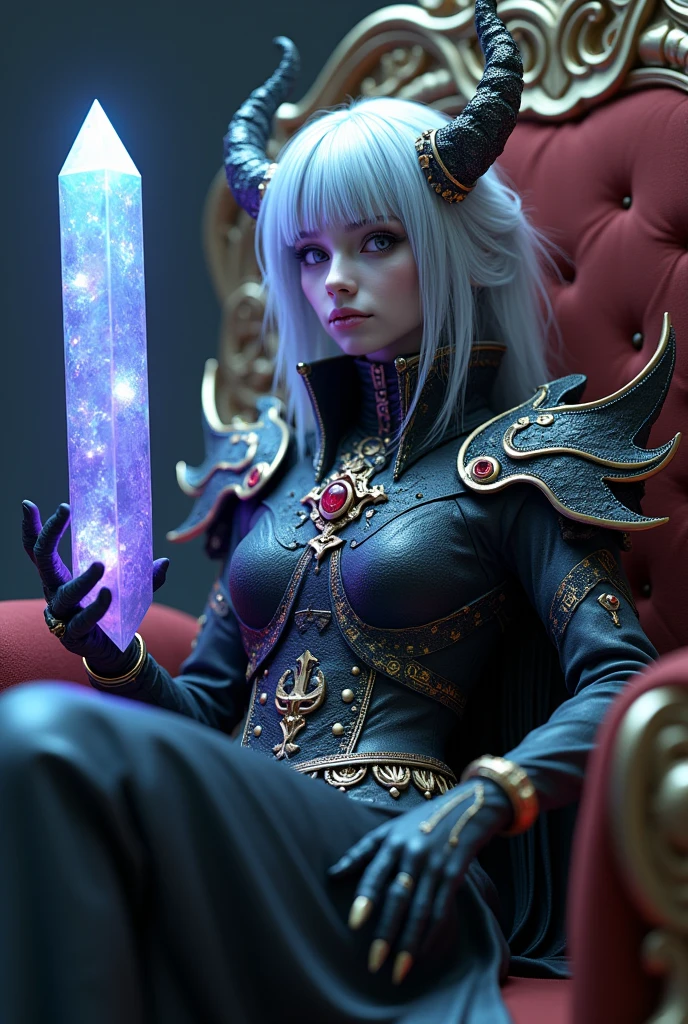 Surreal　Very detailed　Ultra Fantasy　Ultimate Details　Ultra-high resolution　8K 32k 3D 　Clear Eyes　Silver Hair　　Sit on a chair　A hawk sits on a skull　In his right hand he holds a tall pillar of glowing pale blue-white mystical energy.　Assassin　　Dragon shoulder pads　mechanical engineering　Mechanic Art　　.　intricate and elaborate design, money, gold　Silver　Silver Red　Black-purple　Dynamic pose　　Cinema Lighting　Demonic Spell Aura　Sit on a chair　　　Magic circle design　A large, luxurious amulet made of gold　Vivid Color　　Girl　 Place a round, glowing, blue-purple crystal with a pentagram symbol on your lap　A gorgeous, devilish and cool tiara　The ultimate mysterious design　Satanism　Demonic Armor　Shooting from an angle　神秘的な椅子Shooting from an angle　Textured Armor