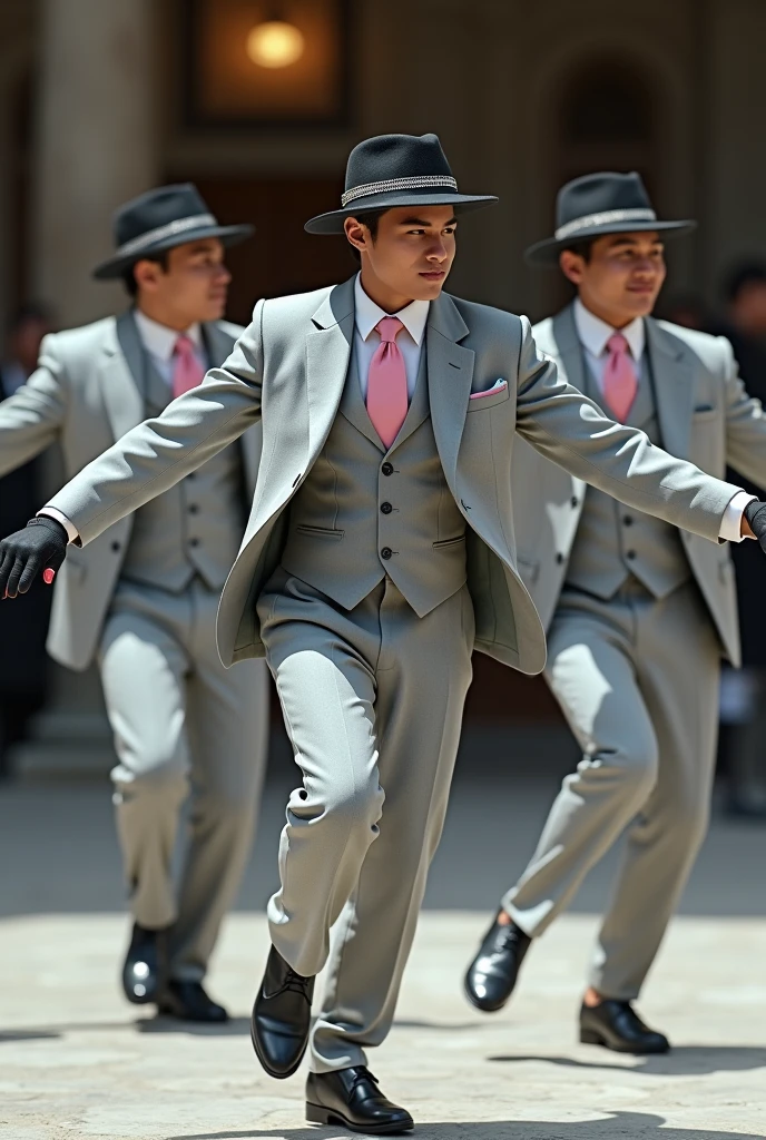Group of young indigenous men dancing in light grey suits, black hat with lead trim, baby pink tie, White shirt, and black scarf, black shoes and leather gloves.
