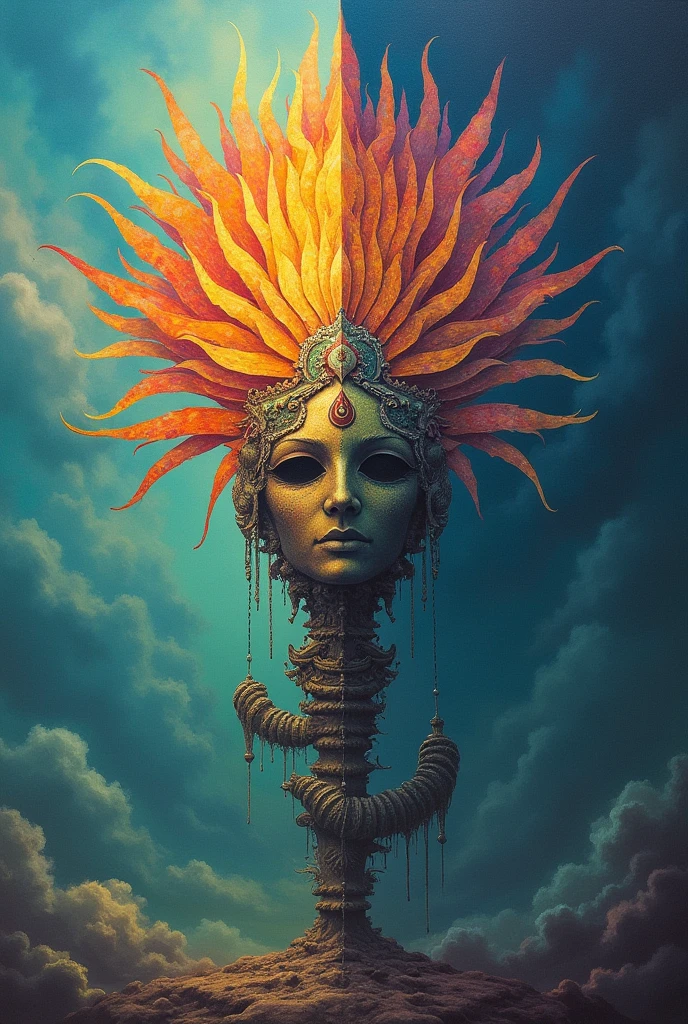 two-sided representation, The one above means the virtues and qualities, represented by a colorful structure and the bottom part means reality, a somewhat basic structure, faded and characterless with sad colors