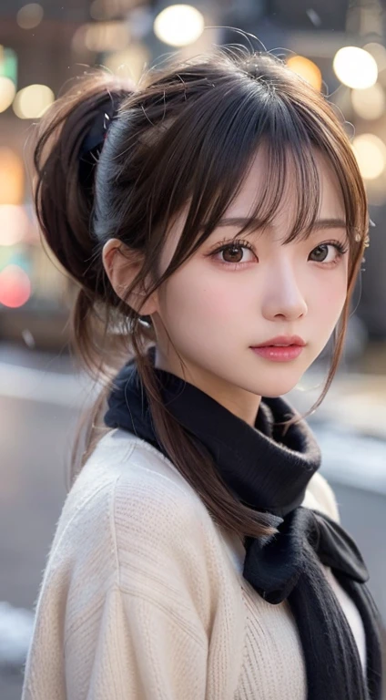 blush,long hair ponytail,big ribbon in her hair,(8K, Raw photo, best quality, muste piece:1.2), (Reality, photorealistic:1.4), (Highly detailed 8K wallpaper), Tits sharp focus, Depth of bounds written, cinematic lighting, soft light, detailed beauty eye,Shiny and smooth light brown ponytail, asymmetrical bangs, shiny skin, super detailed skin ,high resolution, high detail, detailed hairstyle, detailed beauty face, hyper real, perfect limbs, perfect anatomy ,1 Japanese girl,famous japanese idol, perfect female body,shy smile,short eyelashes,double-edged eyelids,look straight here,Hair style is ponytail,wear a ribbon, office,long ponytail hairstyle,Wearing scrunchies,wearing a long coat,The Street,Stand up straight and face me,So that the whole body can be seen,winter,warm clothes,look straight at me,wearing a scarf,It's snowing,european cityscape,cobblestone road,European churches can be seen in the background,in front of a church in europe,night time,illumination is shining,chest is small