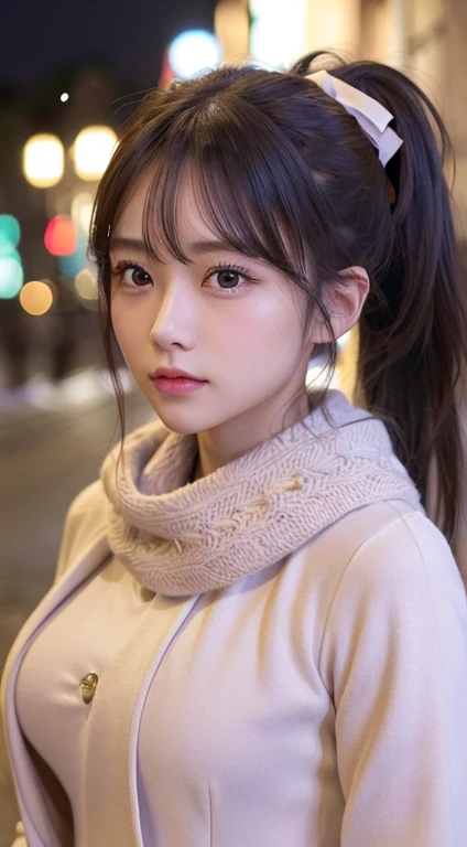 blush,long hair ponytail,big ribbon in her hair,(8K, Raw photo, best quality, muste piece:1.2), (Reality, photorealistic:1.4), (Highly detailed 8K wallpaper), Tits sharp focus, Depth of bounds written, cinematic lighting, soft light, detailed beauty eye,Shiny and smooth light brown ponytail, asymmetrical bangs, shiny skin, super detailed skin ,high resolution, high detail, detailed hairstyle, detailed beauty face, hyper real, perfect limbs, perfect anatomy ,1 Japanese girl,famous japanese idol, perfect female body,shy smile,short eyelashes,double-edged eyelids,look straight here,Hair style is ponytail,wear a ribbon, office,long ponytail hairstyle,Wearing scrunchies,wearing a long coat,The Street,Stand up straight and face me,So that the whole body can be seen,winter,warm clothes,look straight at me,wearing a scarf,It's snowing,european cityscape,cobblestone road,European churches can be seen in the background,in front of a church in europe,night time,illumination is shining,chest is small