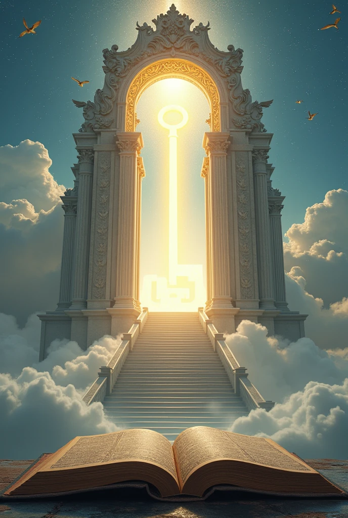 Heavens gate with stairs, big key, bible and angels flying landscape