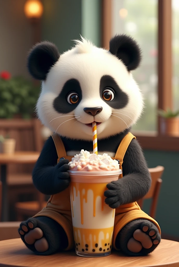 Panda drinking a frappe and wearing overalls