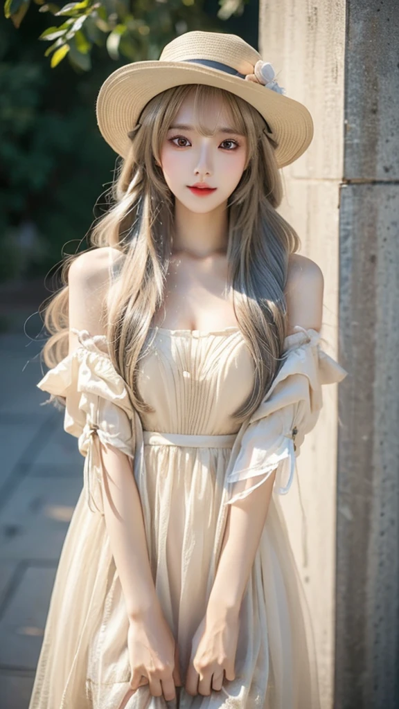 a woman with long hair wearing a beige dress and a hat, a stock photo by Lü Ji, trending on cg society, aestheticism, ulzzang, popular korean makeup, ”beautiful anime woman