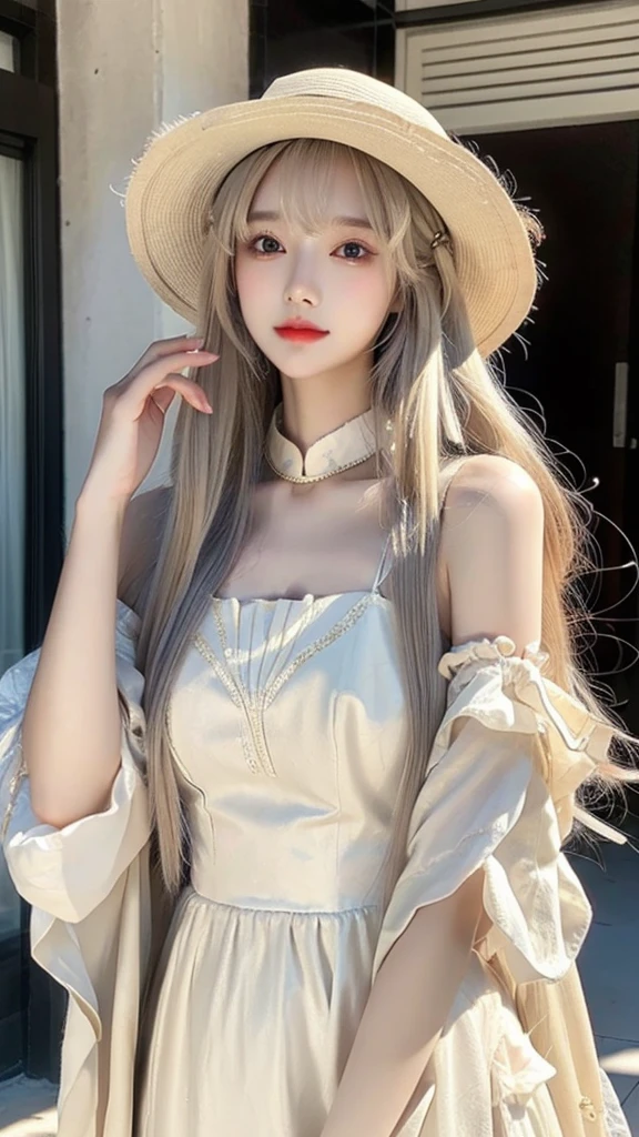 a woman with long hair wearing a beige dress and a hat, a stock photo by Lü Ji, trending on cg society, aestheticism, ulzzang, popular korean makeup, ”beautiful anime woman