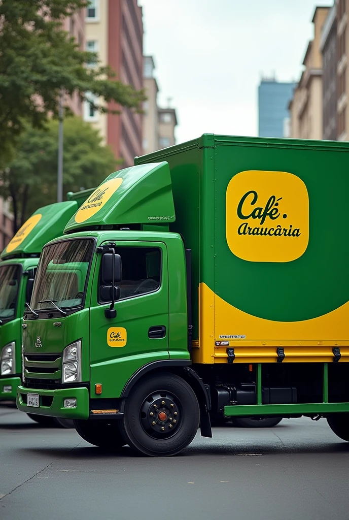 Fleet of trucks with the green and yellow logo “Café Araucaria”