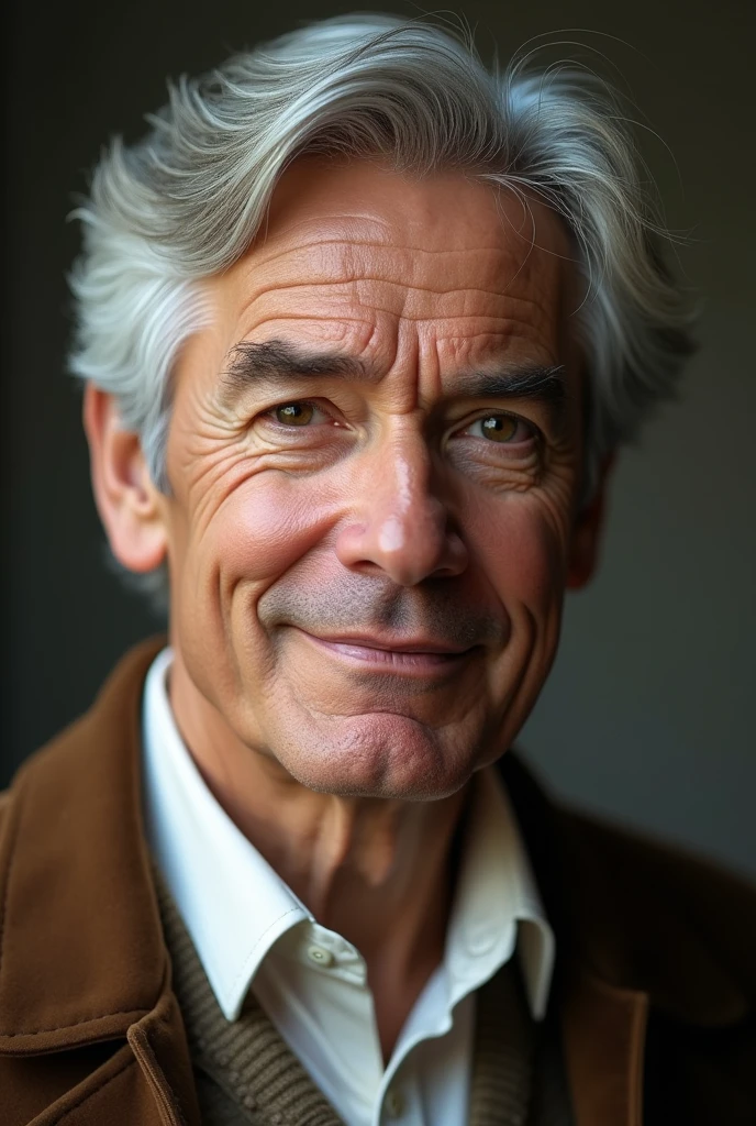 Portrait of a handsome round-faced man in his 40s with a cinematic look、Silver Hair、Brown jacket、White button-down shirt、A kind smile、photograph, Male perfection, Iris, Ultra-realistic, 8K - v4、A 50-year-old dandy、Kind eyes、Gray Hair、Look straight into the camera、