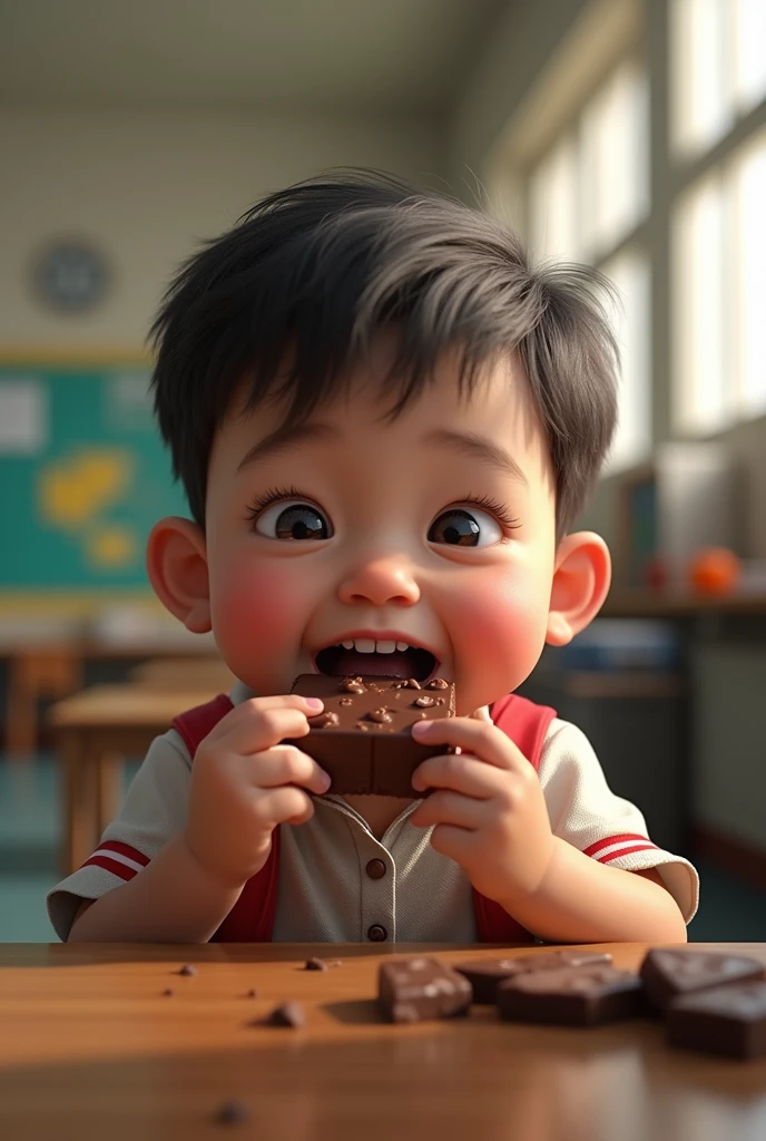 (photorealism:1.2),Child eating chocolate, background in a school