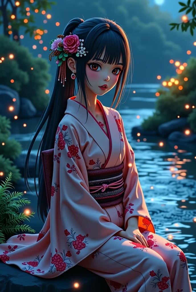 (masterpiece,best quality:1.4),(8k,raw photo,photo realistic:1.2),shiny skin,detailed skin,detailed face,detailed eyes,Detailed hands,Detailed Background、1girl,Japanese idol,(beautiful face),(Shining Eyes:1.1),、、Symmetrical eyes、、Great background、Great location、((Japanese Yukata))、(Detailed and very cute,,Junior idol,)、Mysterious夜,Fireflies flying around in the stream,The light emitted by fireflies,Full body portrait,,Mysterious,Charming girl sitting,nswf,sexy Instagram style