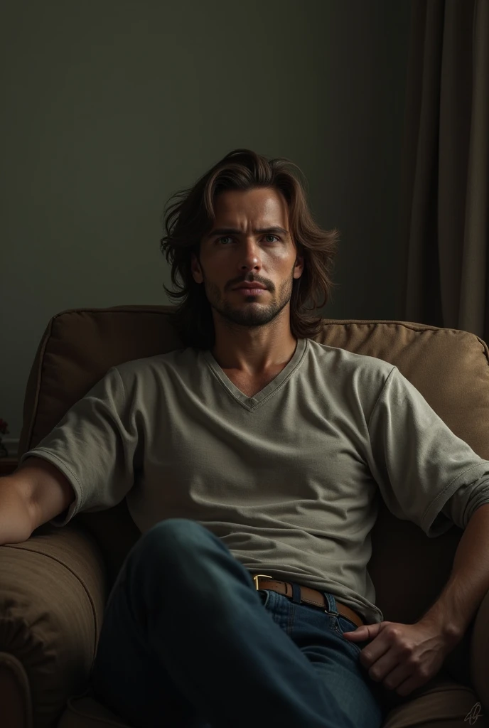 Man with long brown hair playing with his erect penis on a leather couch biting his lower lip