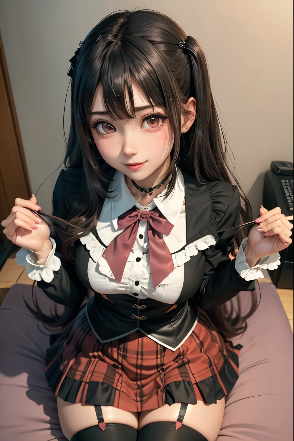 (Tabletop:1.0), (highest quality:1.4), (High resolution:1.2), From the side,Sharp contours, boyish, highest quality, masterpiece,Glasses,Voice of the Heart,20-year-old woman,yandere,Big Breasts,Chest to chest,Lying face down,Ecstasy,saliva,blush,Squint your eyes,Heterochromia iridis,Tuck up your clothes,lure,under shot,skirt lift,zettai ryouiki,open clothes
