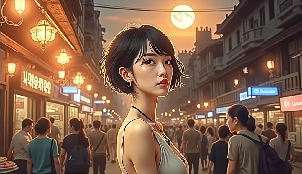 (halfbody shot,street lamps,moon),Masterpiece, 1girl, solo exhibition, beautiful woman on the bustling street, surrounded by hawkers, beautiful goddess girl portrait, beautiful and detailed face, porcelain skin, (((bust shot, center, night, black hair, short hair)), super soft lighting, symmetry, complexity, elegance, high detail, realism, art, concept art,