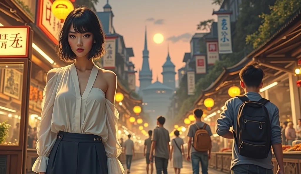 (halfbody shot,street lamps,moon),Masterpiece, 1girl, solo exhibition, beautiful woman on the bustling street, surrounded by hawkers, beautiful goddess girl portrait, beautiful and detailed face, porcelain skin, (((bust shot, center, night, black hair, short hair)), super soft lighting, symmetry, complexity, elegance, high detail, realism, art, concept art,