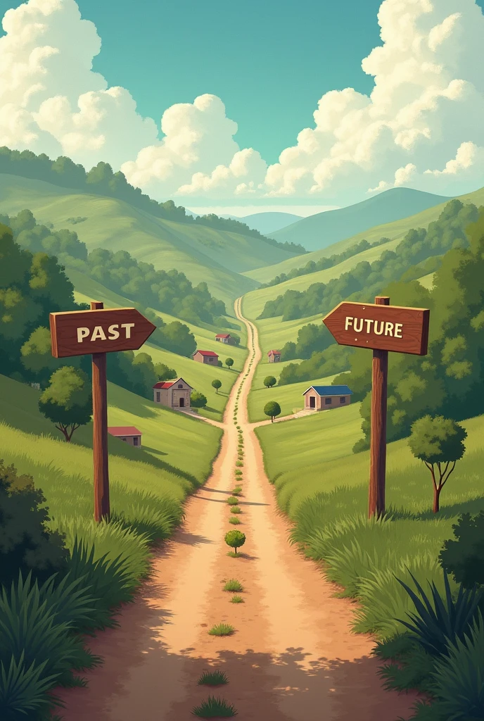 A path that forks with signs indicating "future" and "Past" ,simbolizando los cambios and el progreso a lo largo del tiempo , of the constitution of 1824 , pon algo related to Mexico (related to Mexico , related to Mexico, el antes and después of the constitution of 1824 tal vez donde está el Past pon cosas antes de la creación de la constitución and en el future las de después, but it has to be seen differently