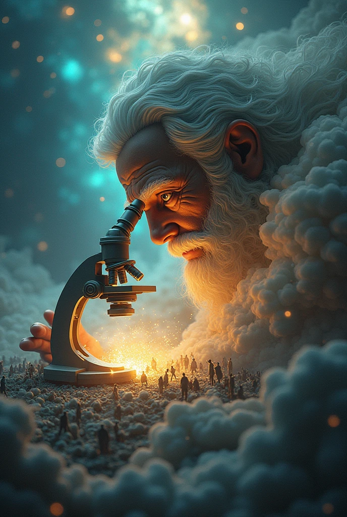 In a celestial realm beyond the stars, a powerful god peers intently through a colossal, glowing microscope. Below the lens, the world resembles Earth, complete with oceans, mountains, and bustling cities, but viewed at a microscopic scale. The god’s eyes, filled with wisdom and curiosity, focus on tiny human figures going about their lives, unaware of the divine presence observing them. His hands, massive yet gentle, hover near the microscope as if ready to intervene or simply watch over his creation. The surrounding space is a mix of swirling galaxies and ethereal light, symbolizing the vastness of the universe under his watchful care. This image captures the delicate balance of power and compassion, as the god observes the intricate details of the world he created, contemplating the destiny of humankind.