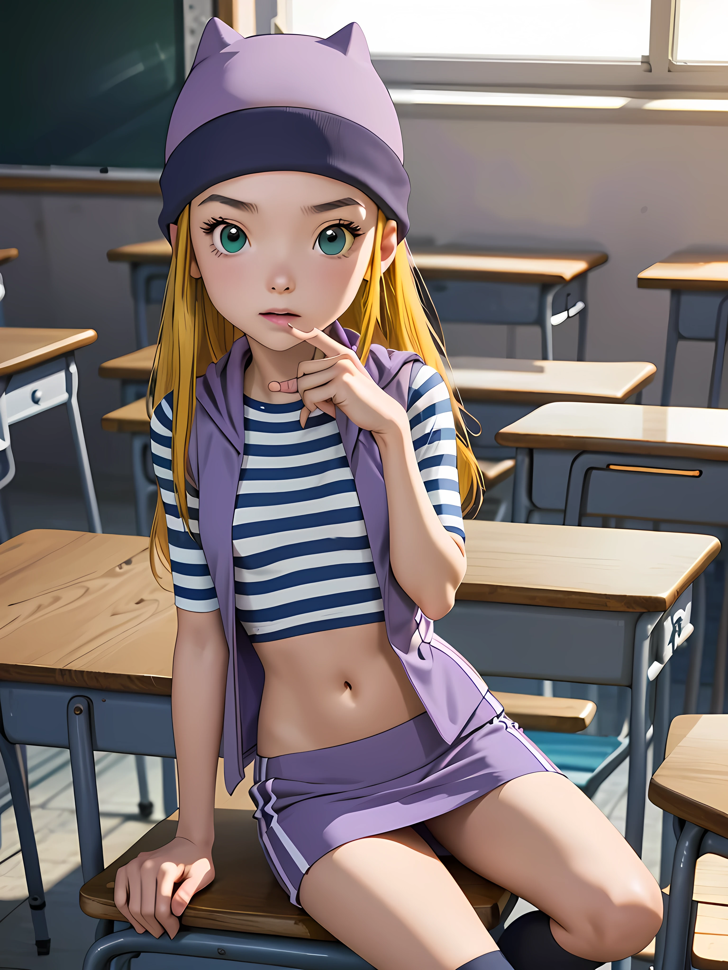 (masterpiece, best quality), 1girl, izumi Orimoto, indoors, classroom, seated, green eyes, blonde hair, long hair, purple beanie, purple vest, purple miniskirt, blue white striped shirt, long purple socks, purple vest, striped shirt, navel shirt, small size breast, cute pose