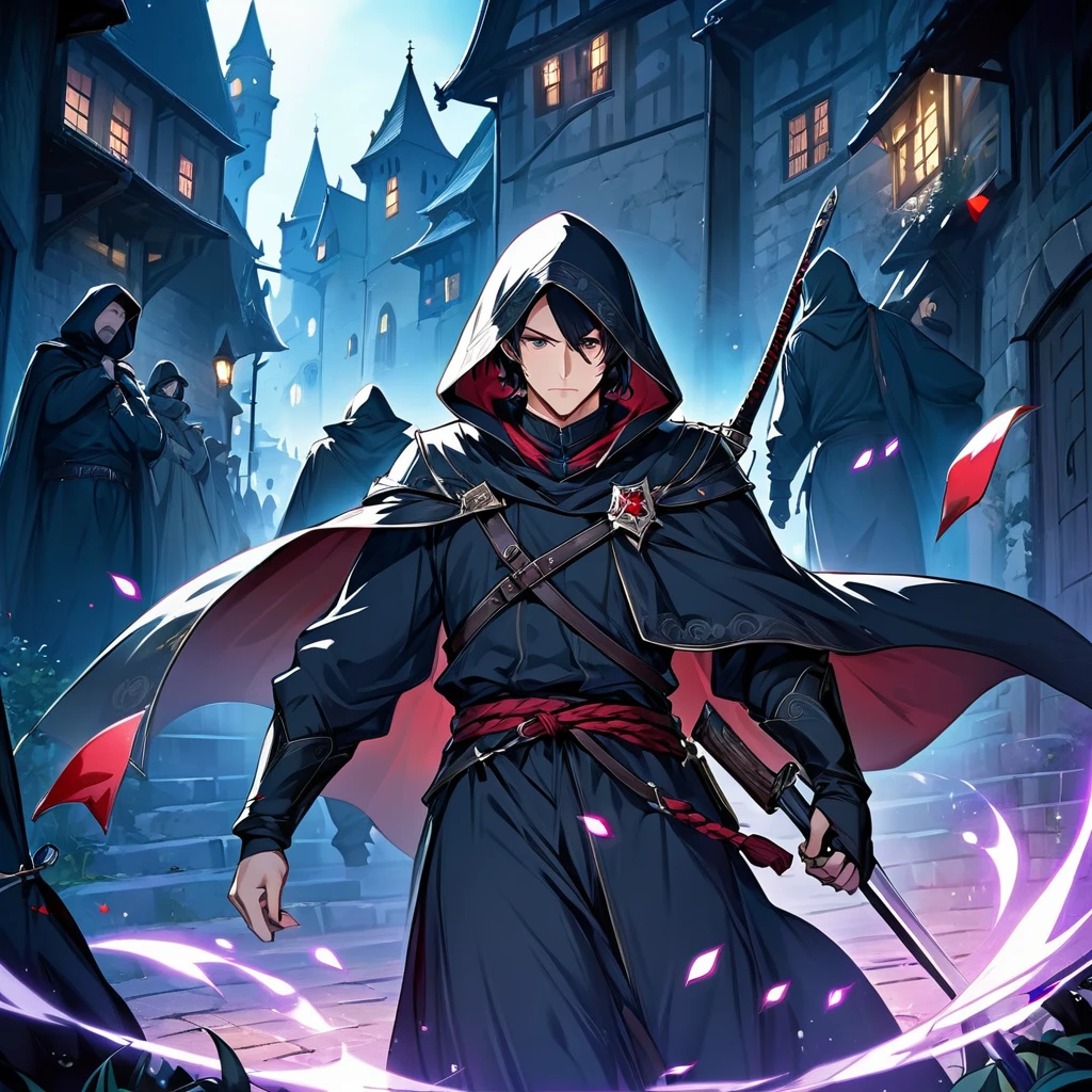 Medieval Europe,at night,An assassin in night clothes,Lurking behind a noble man。Mid-ground composition,Game illustration style,Magic style,Suitable for card illustrations。